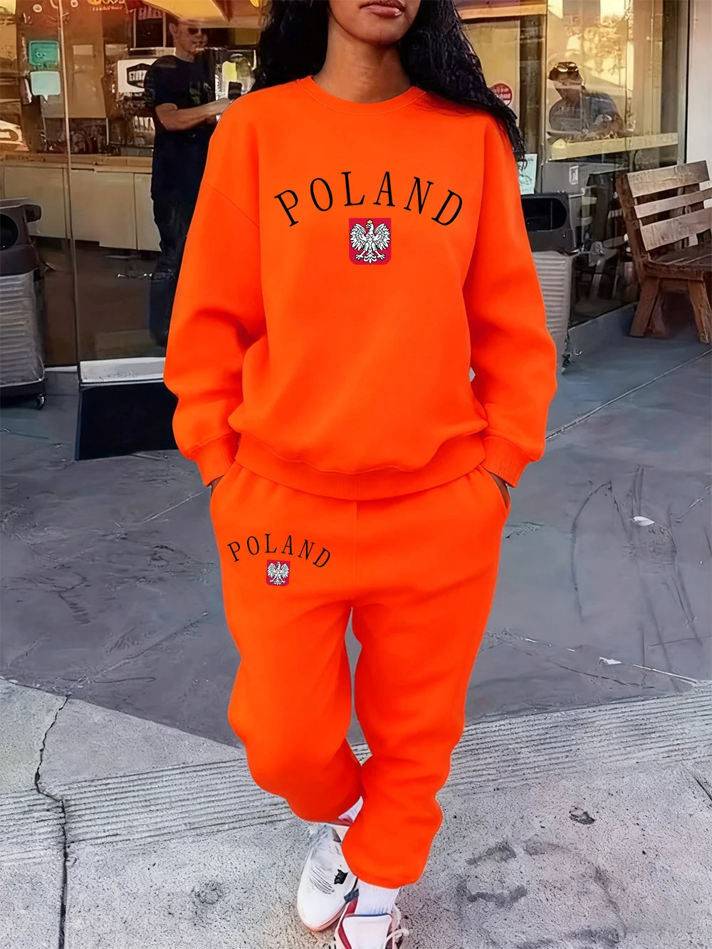 2 Pcs Hoodie Set Womens Poland Letter Print Sweatpants Sporty Pocket Loose Sweatshirt Jogging Outfits Autumn Fleece Warm Clothes