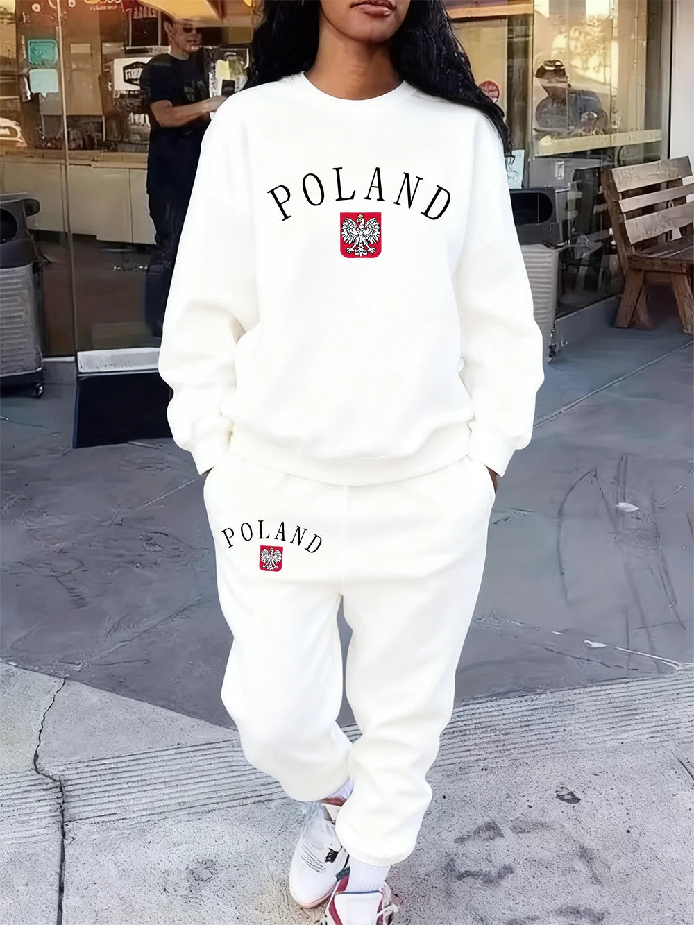 2 Pcs Hoodie Set Womens Poland Letter Print Sweatpants Sporty Pocket Loose Sweatshirt Jogging Outfits Autumn Fleece Warm Clothes