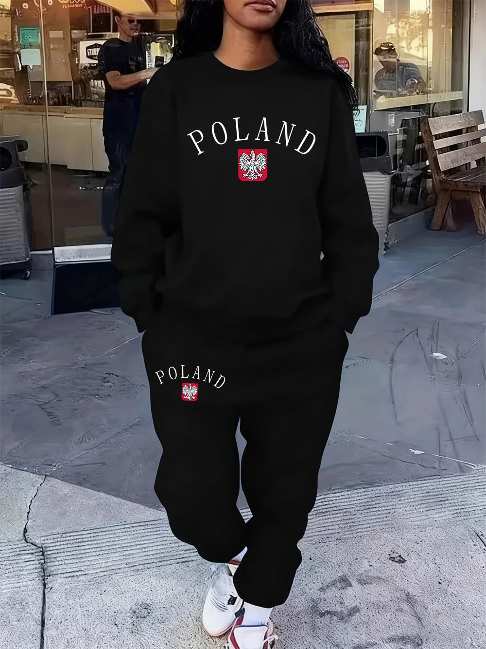 2 Pcs Hoodie Set Womens Poland Letter Print Sweatpants Sporty Pocket Loose Sweatshirt Jogging Outfits Autumn Fleece Warm Clothes