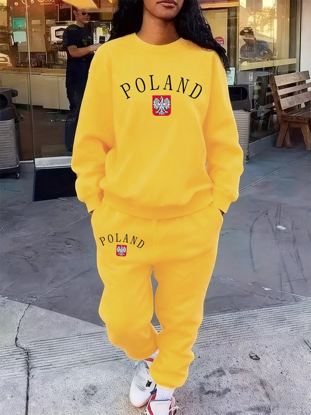 2 Pcs Hoodie Set Womens Poland Letter Print Sweatpants Sporty Pocket Loose Sweatshirt Jogging Outfits Autumn Fleece Warm Clothes