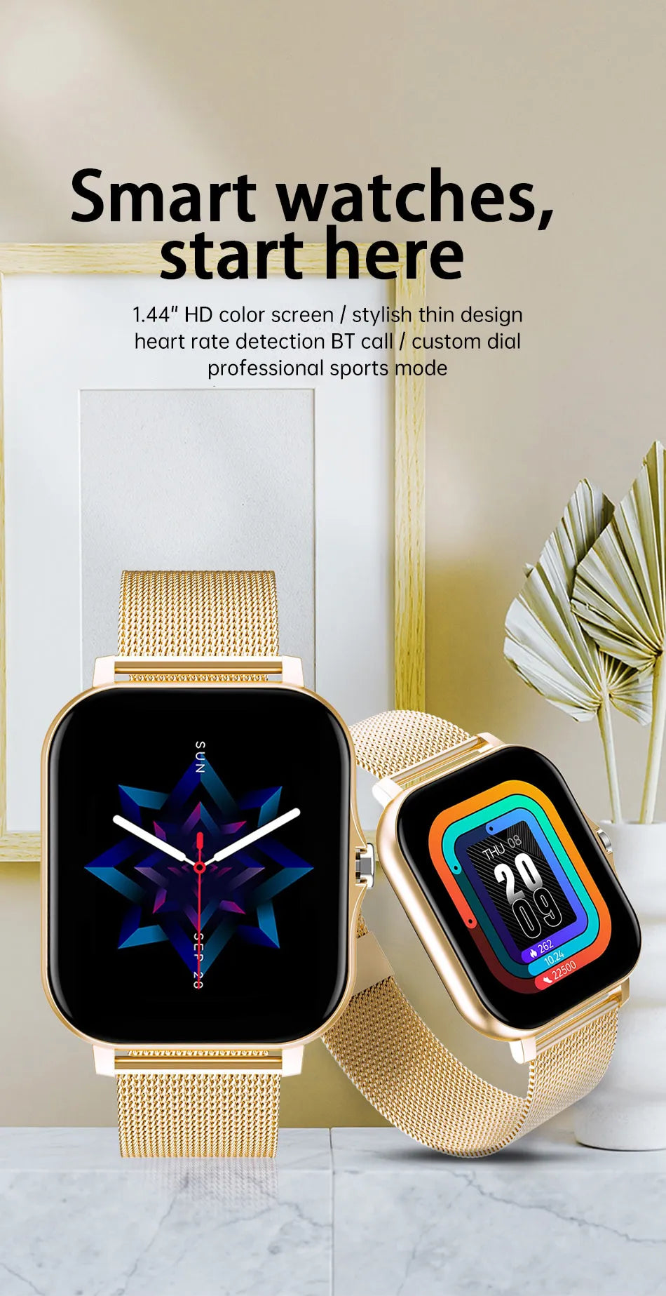 Montre connectée pour hommes et femmes, téléphone Android, écran couleur 2023 pouces, entièrement tactile, cadran personnalisé, appel Bluetooth, 1.44