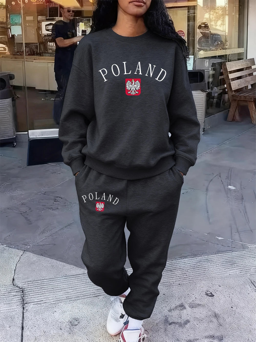 2 Pcs Hoodie Set Womens Poland Letter Print Sweatpants Sporty Pocket Loose Sweatshirt Jogging Outfits Autumn Fleece Warm Clothes