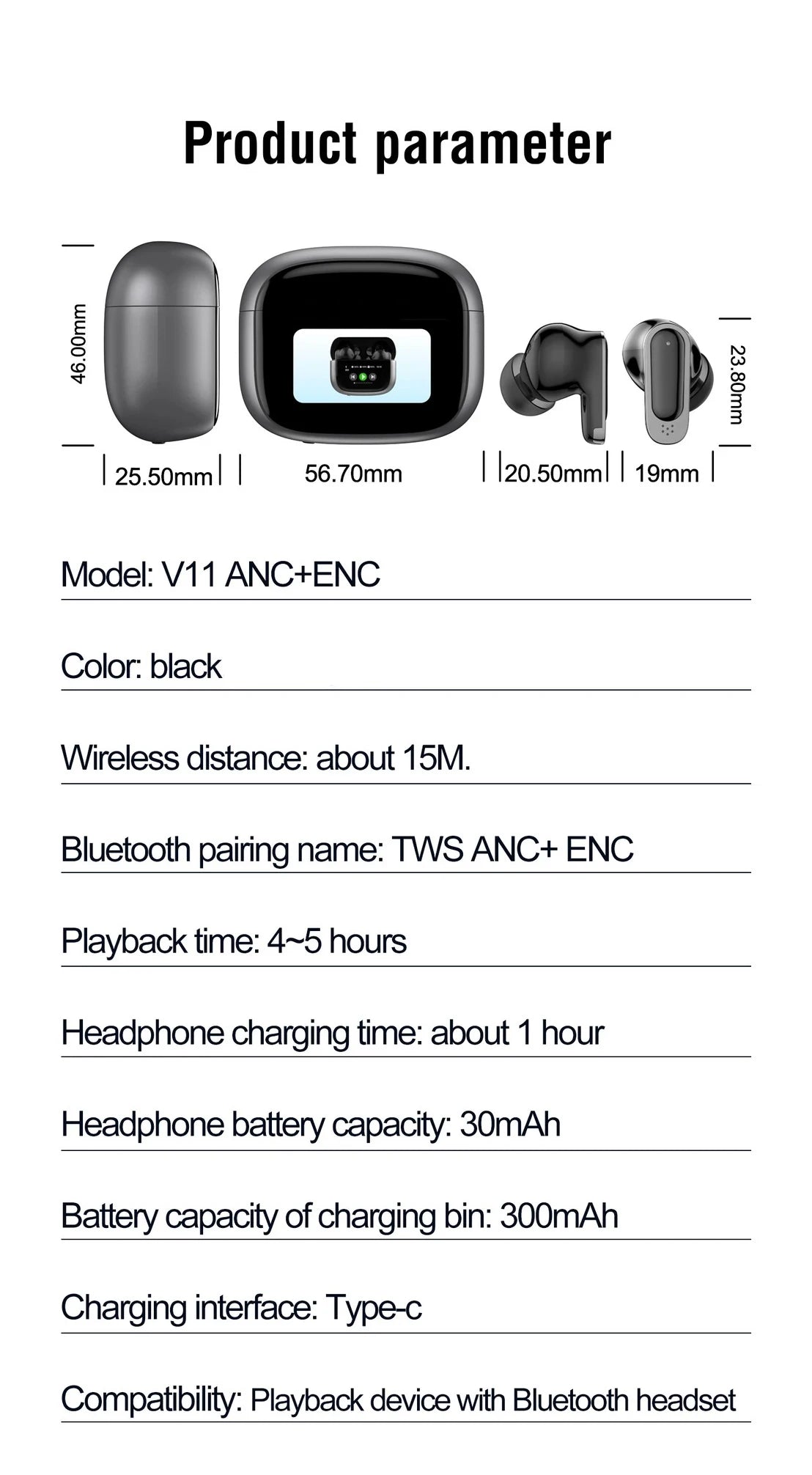 Écouteurs sans fil TWS BOSECXT Ultra V11 Smart Touch multifonctionnels à grand écran avec réduction de bruit ANC et basses profondes