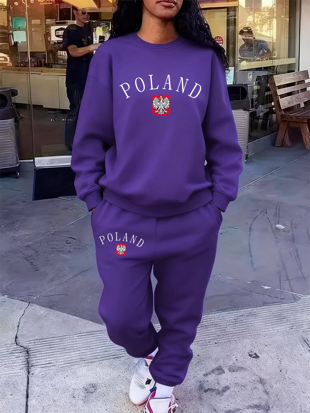 2 Pcs Hoodie Set Womens Poland Letter Print Sweatpants Sporty Pocket Loose Sweatshirt Jogging Outfits Autumn Fleece Warm Clothes